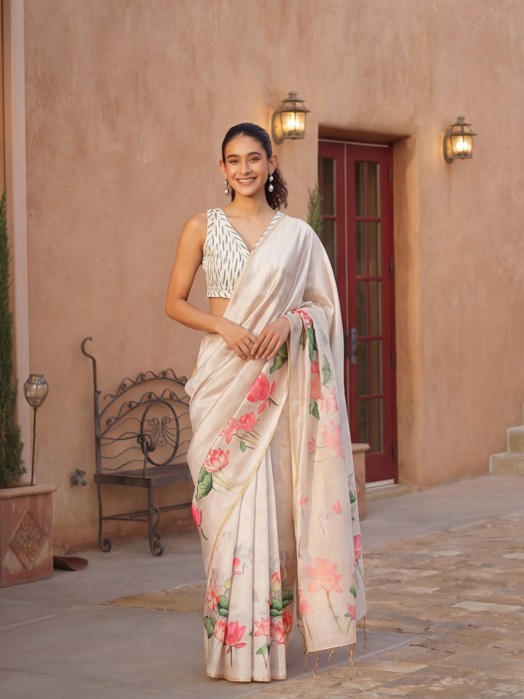 Floral Tussar Silk Saree with Unstiched Blouse