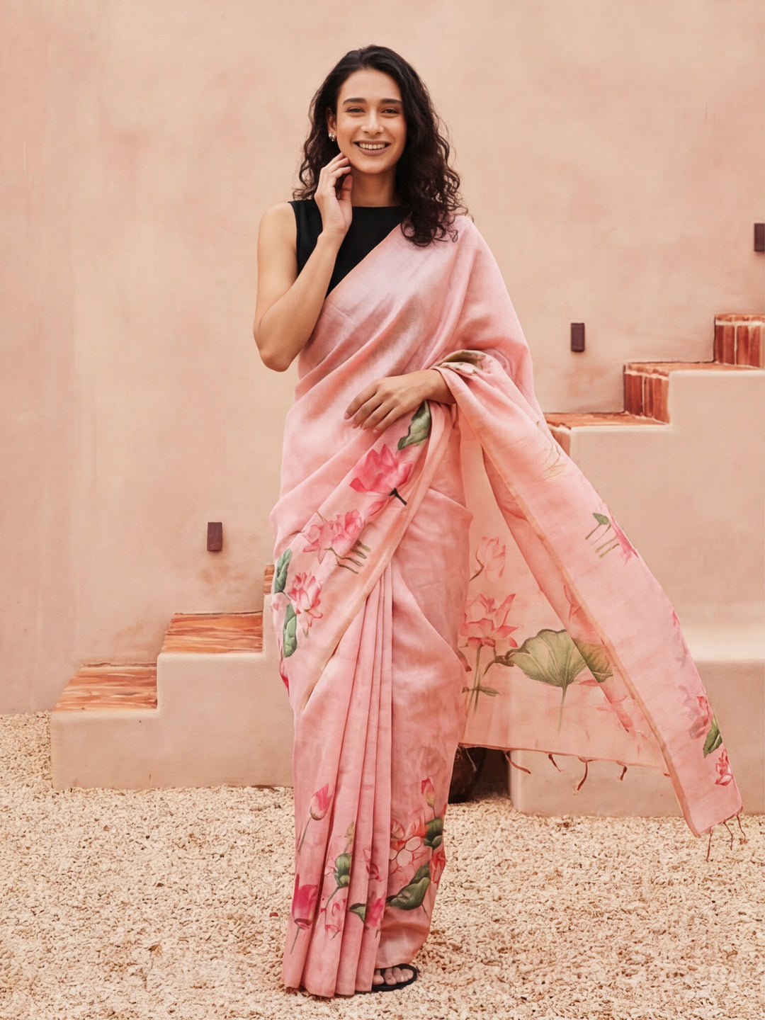 Floral Tussar Silk Saree with Unstiched Blouse