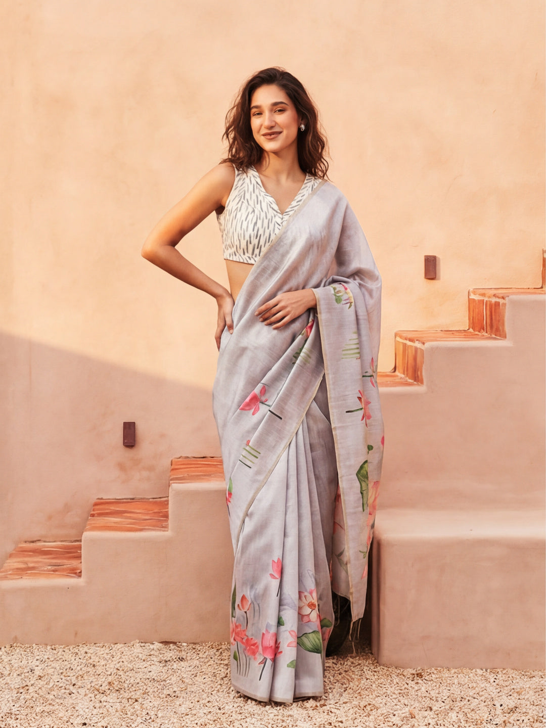 Floral Tussar Silk Saree with Unstiched Blouse