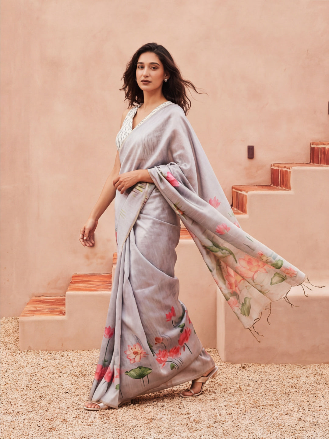 Floral Tussar Silk Saree with Unstiched Blouse