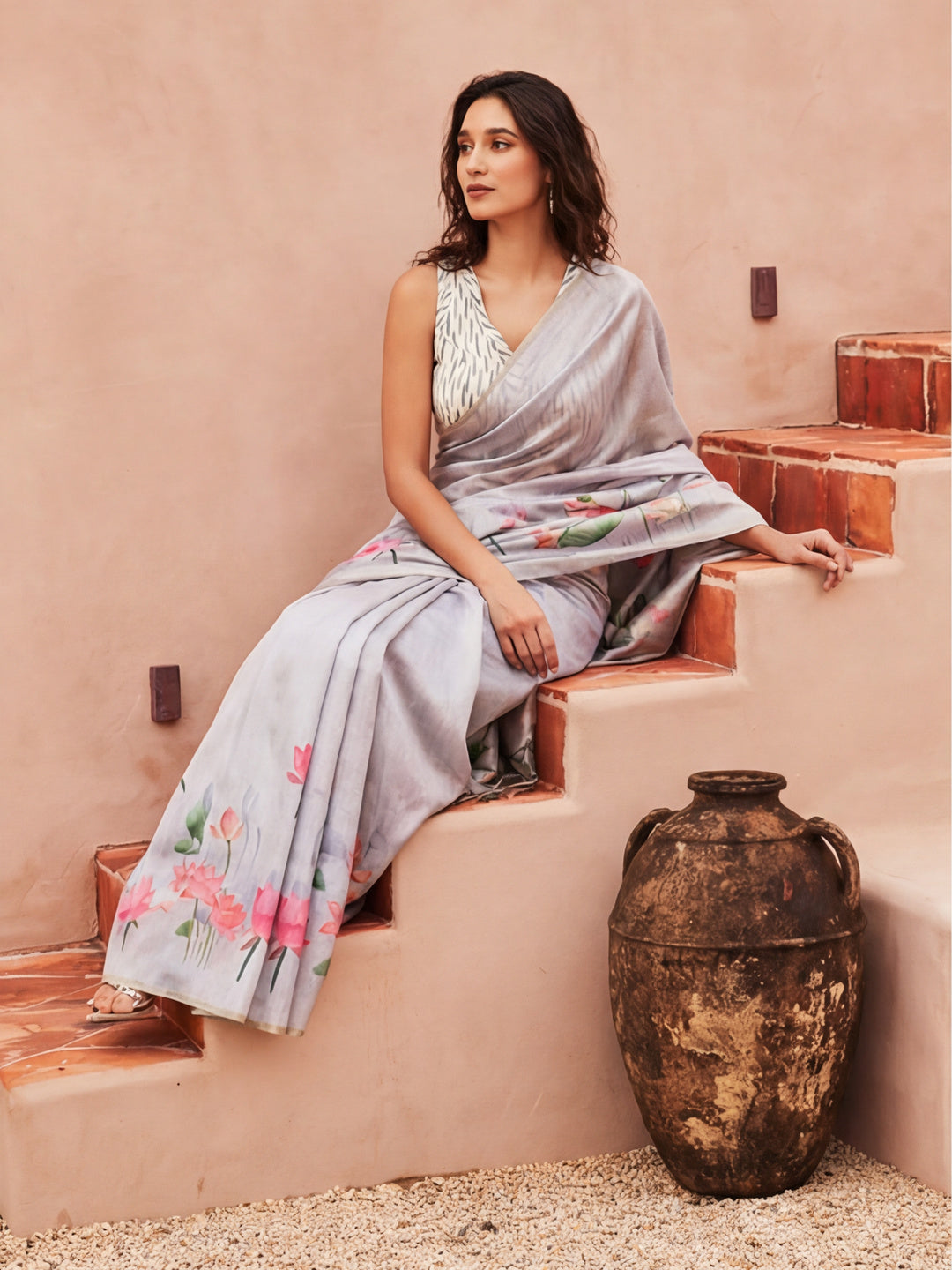 Floral Tussar Silk Saree with Unstiched Blouse