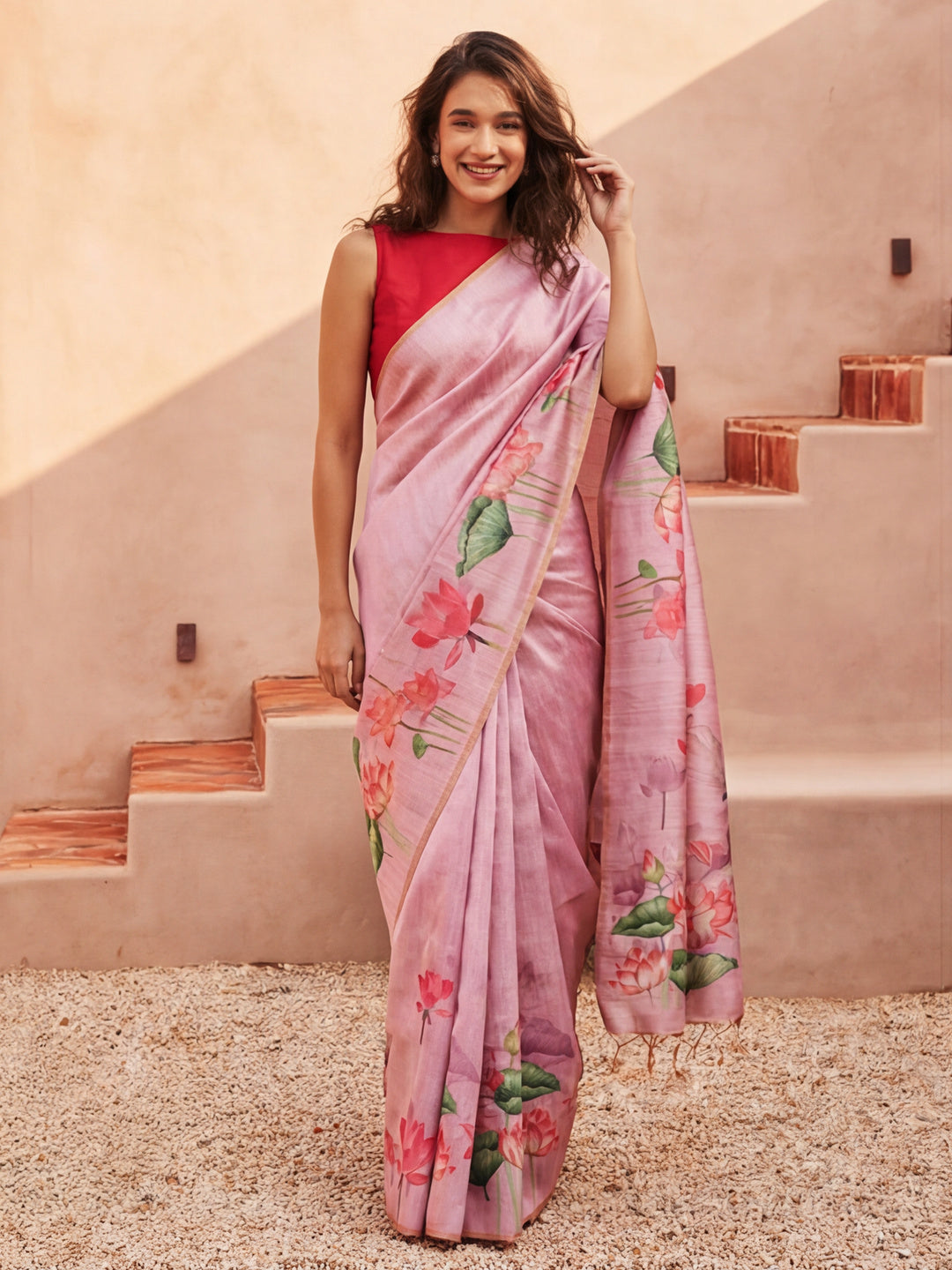 Floral Tussar Silk Saree with Unstiched Blouse