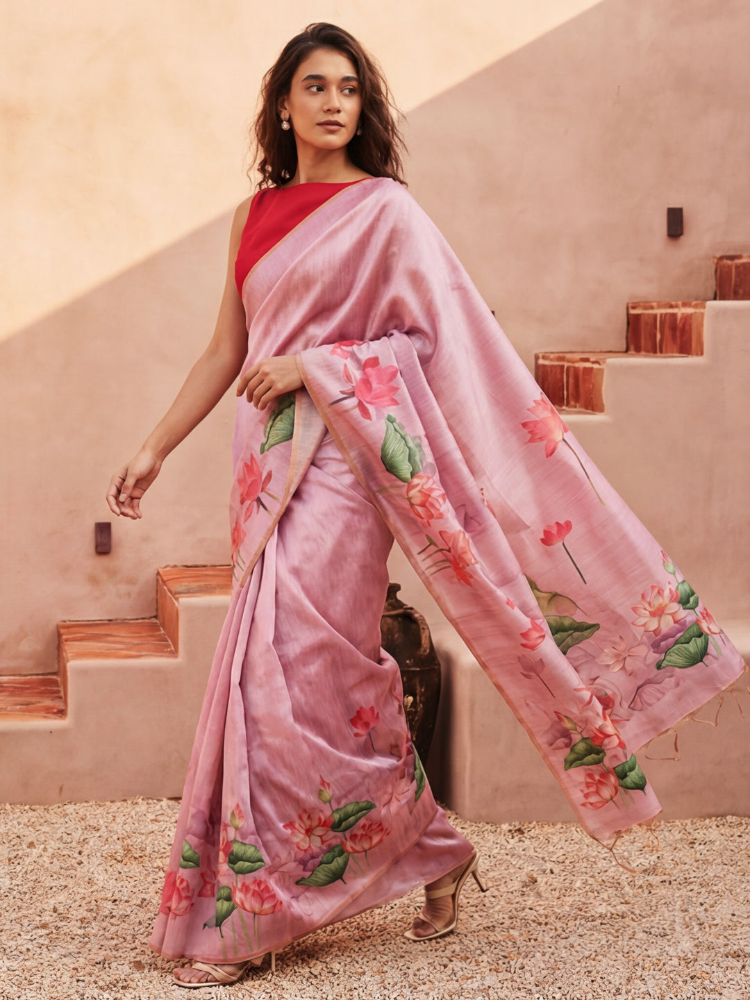 Floral Tussar Silk Saree with Unstiched Blouse