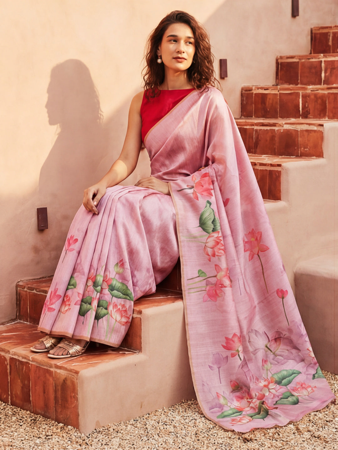 Floral Tussar Silk Saree with Unstiched Blouse