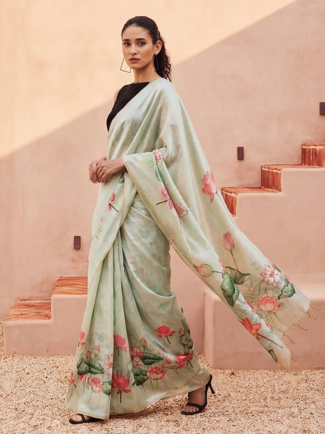 Floral Tussar Silk Saree with Unstiched Blouse