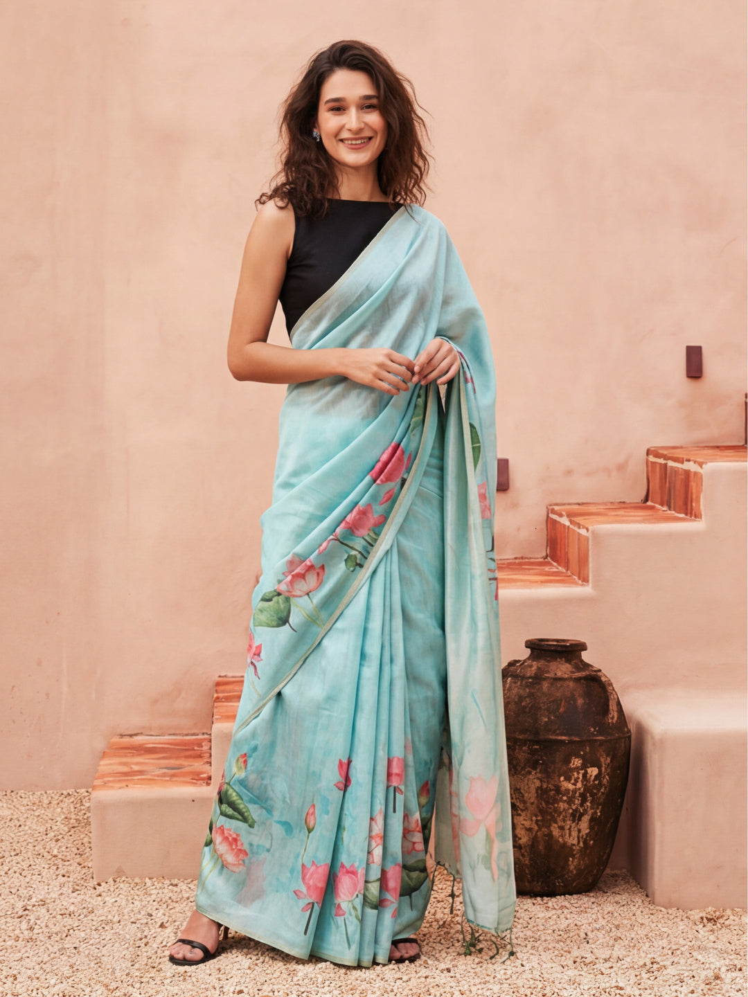 Floral Tussar Silk Saree with Unstiched Blouse
