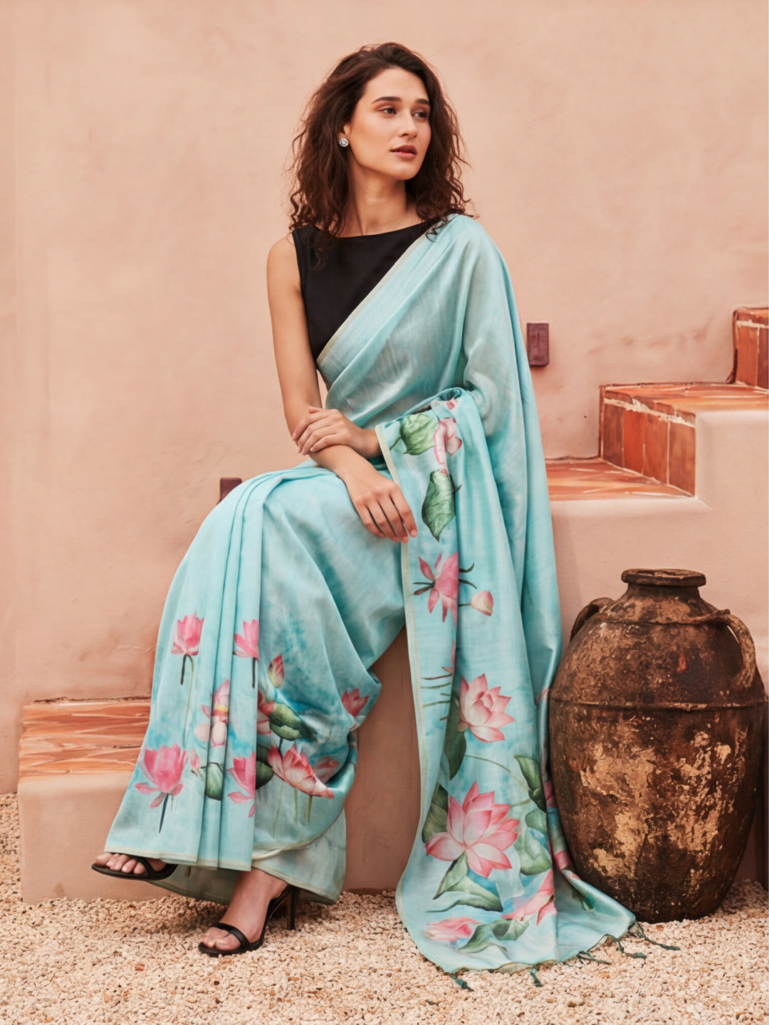 Floral Tussar Silk Saree with Unstiched Blouse
