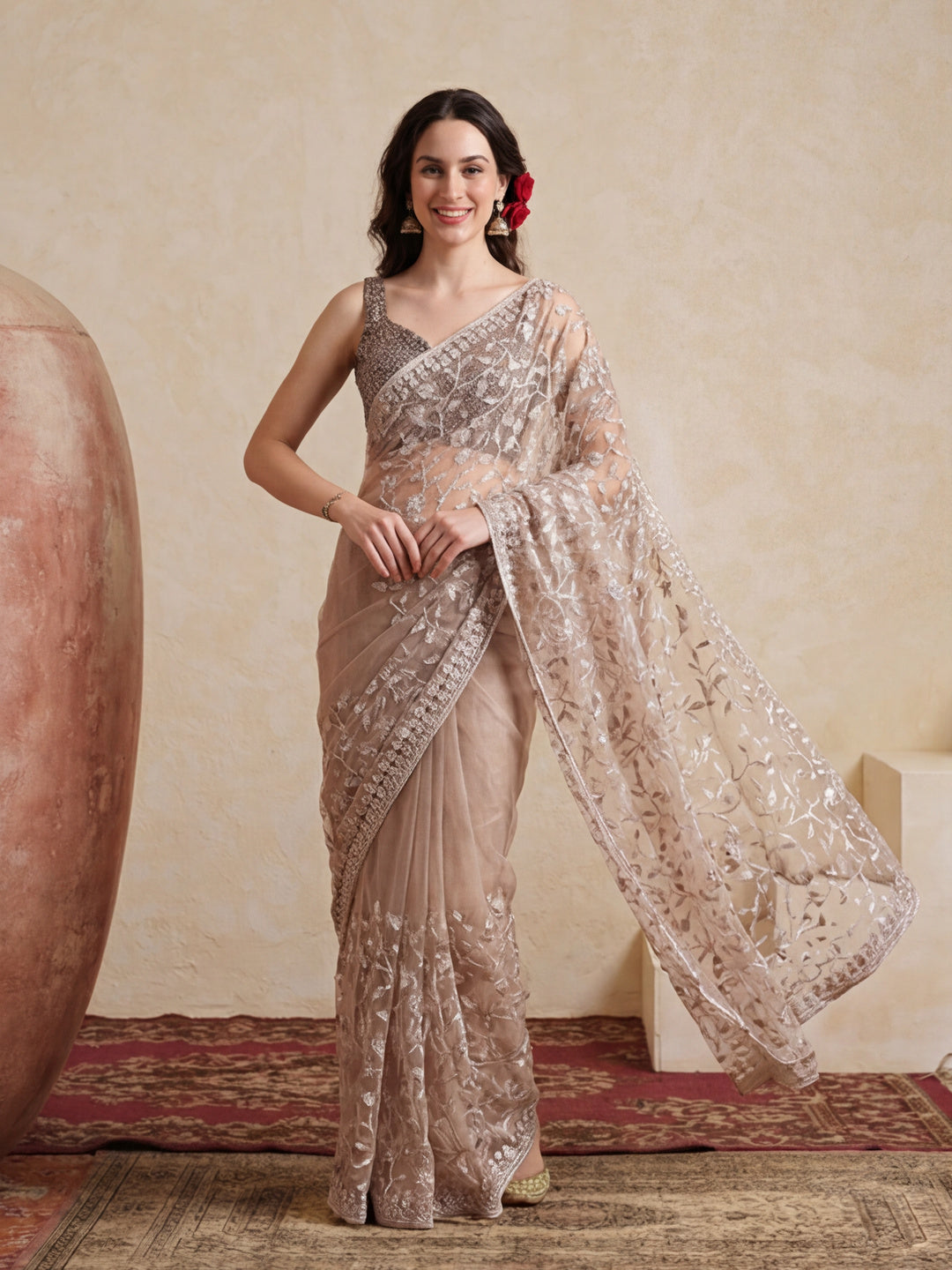 Party Wear Floral Embroidered Net Saree
