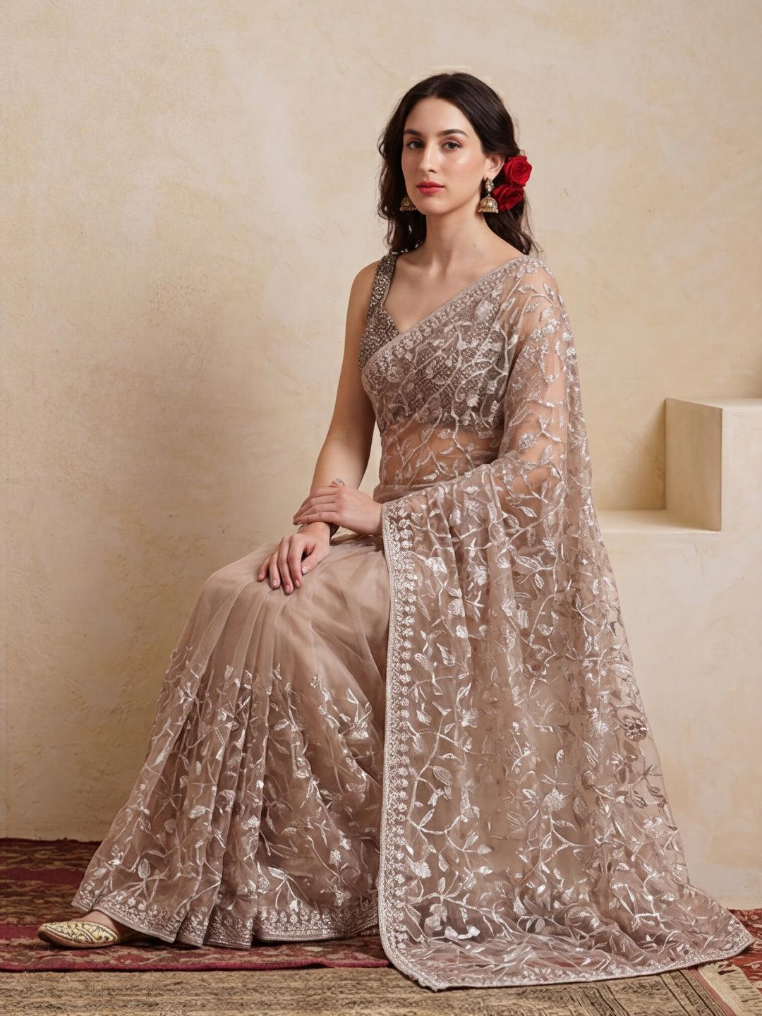Party Wear Floral Embroidered Net Saree