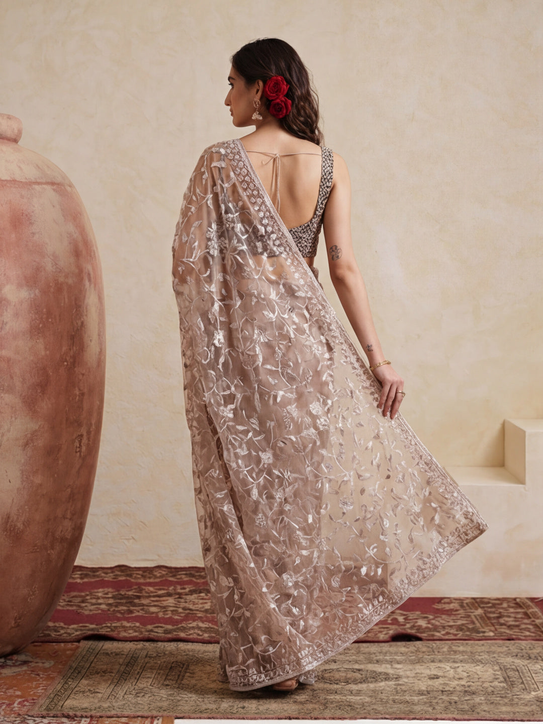 Party Wear Floral Embroidered Net Saree