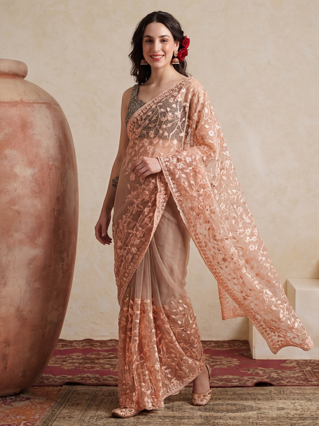 Party Wear Floral Embroidered Net Saree