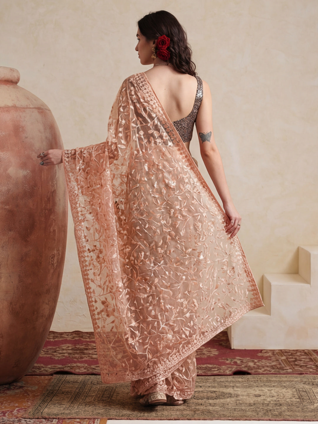 Party Wear Floral Embroidered Net Saree