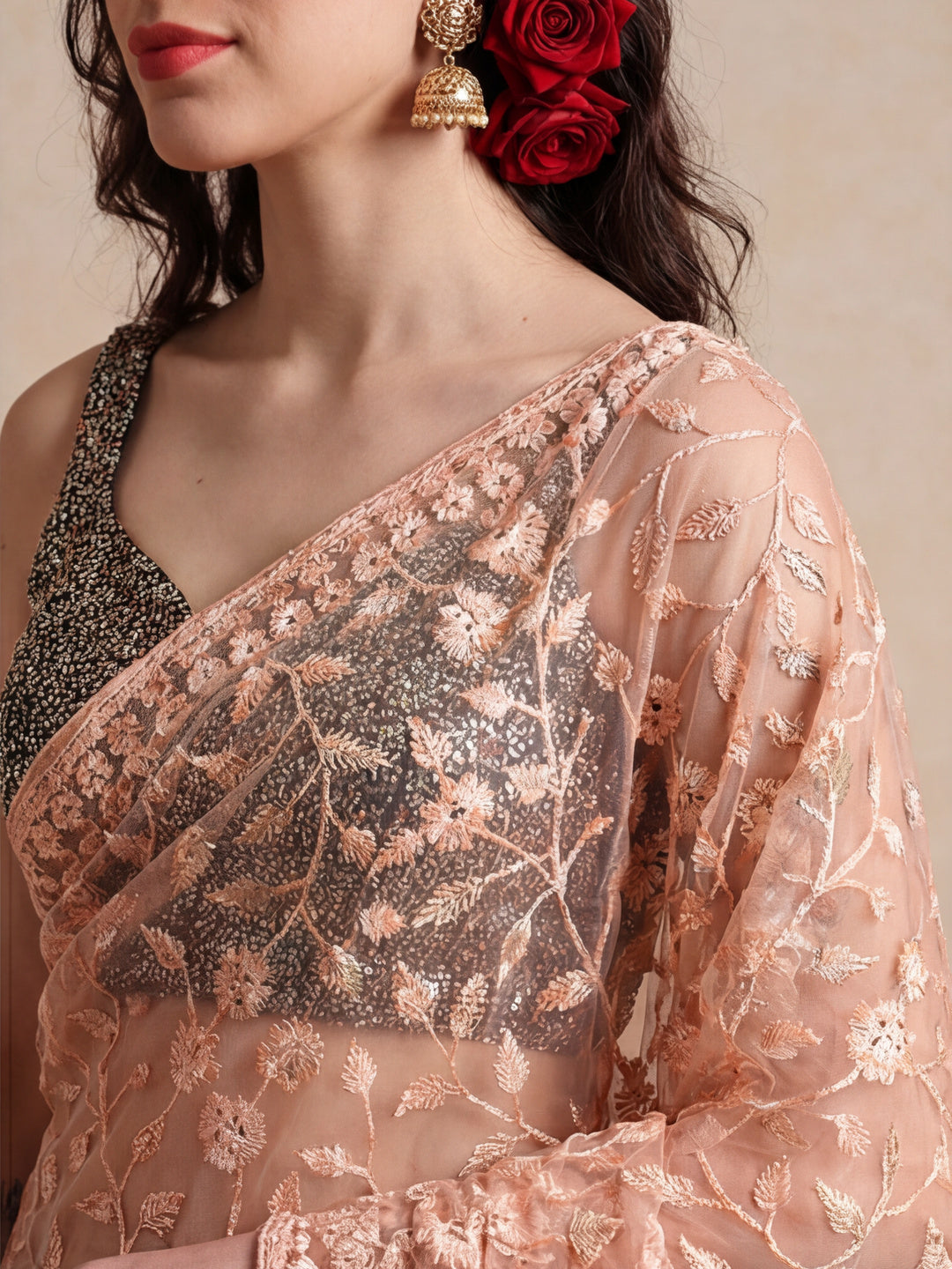 Party Wear Floral Embroidered Net Saree