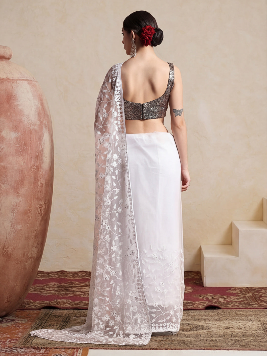 Party Wear Floral Embroidered Net Saree
