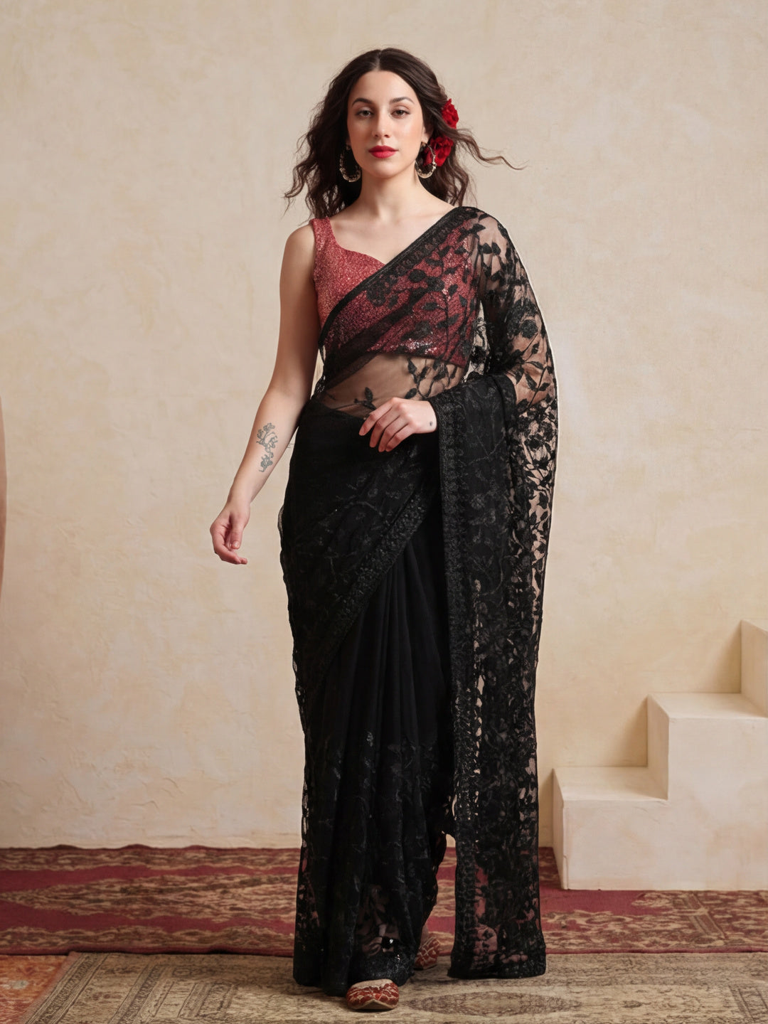 Party Wear Floral Embroidered Net Saree