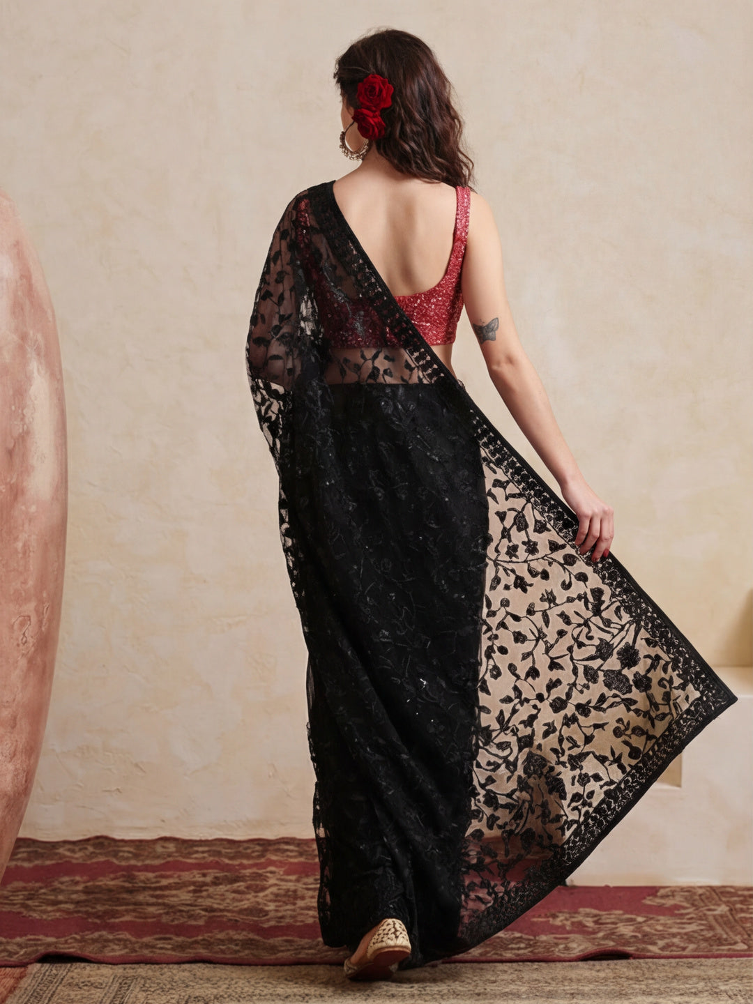 Party Wear Floral Embroidered Net Saree