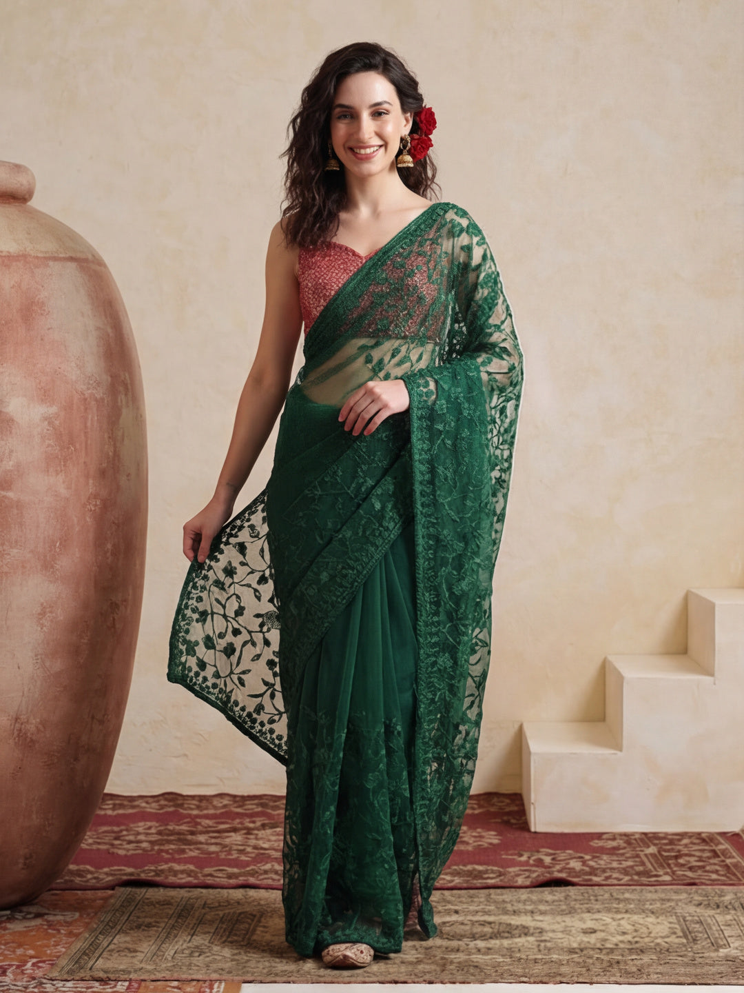 Party Wear Floral Embroidered Net Saree