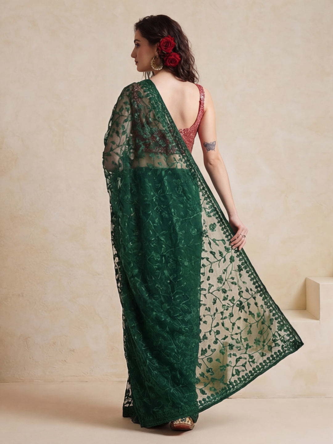 Party Wear Floral Embroidered Net Saree