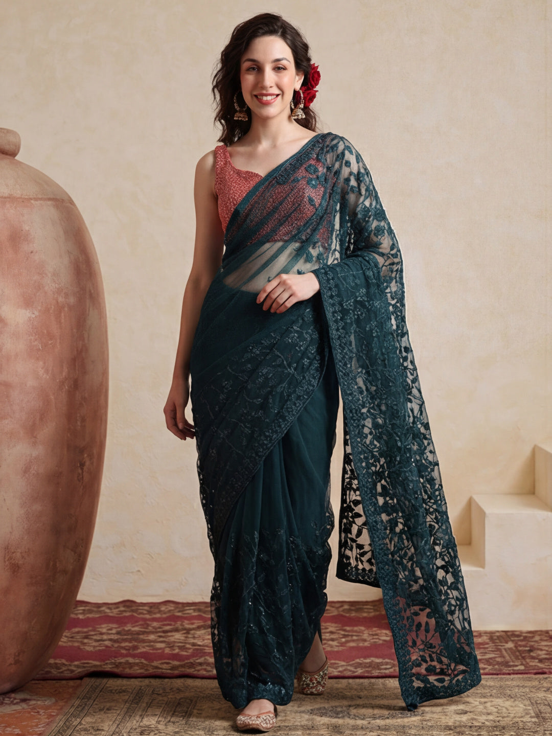 Party Wear Floral Embroidered Net Saree