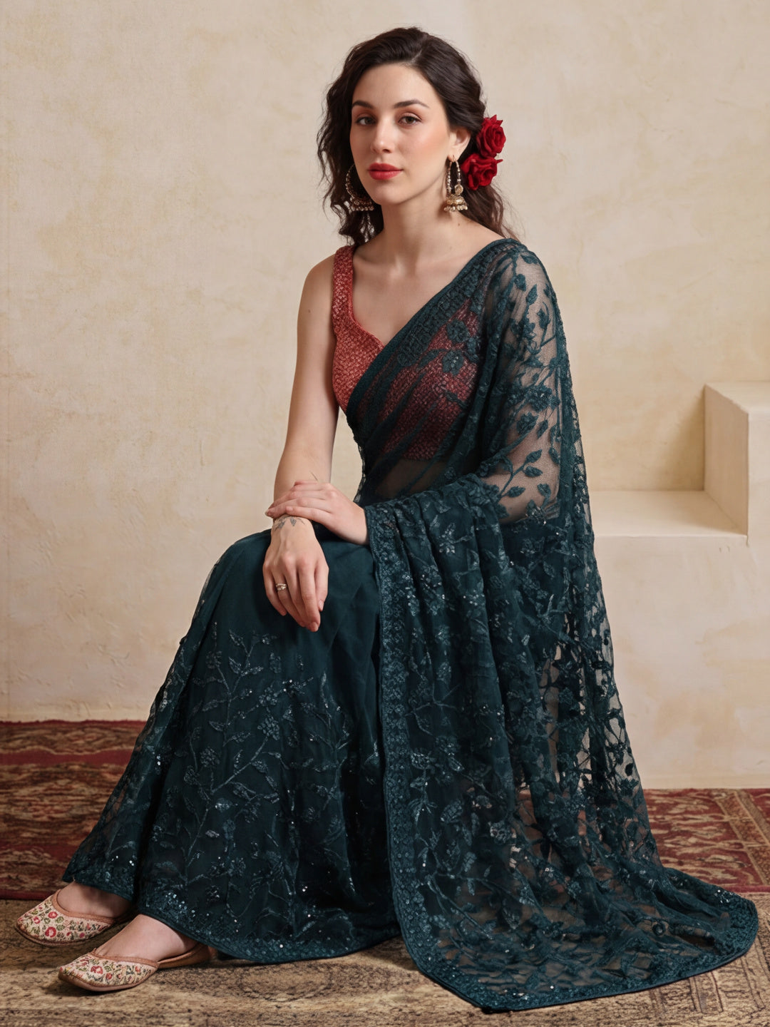 Party Wear Floral Embroidered Net Saree