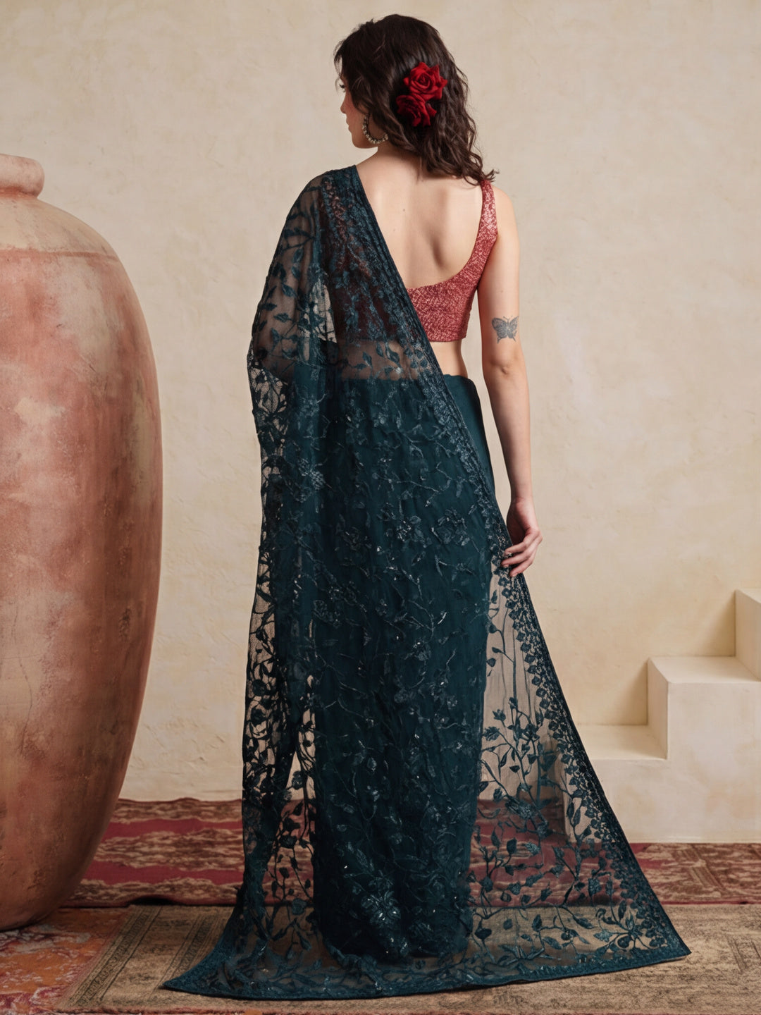 Party Wear Floral Embroidered Net Saree