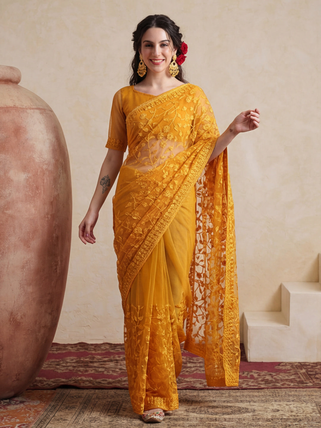 Party Wear Floral Embroidered Net Saree