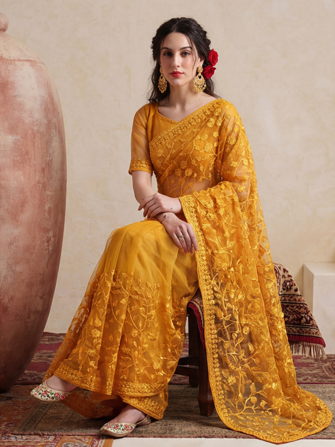 Party Wear Floral Embroidered Net Saree