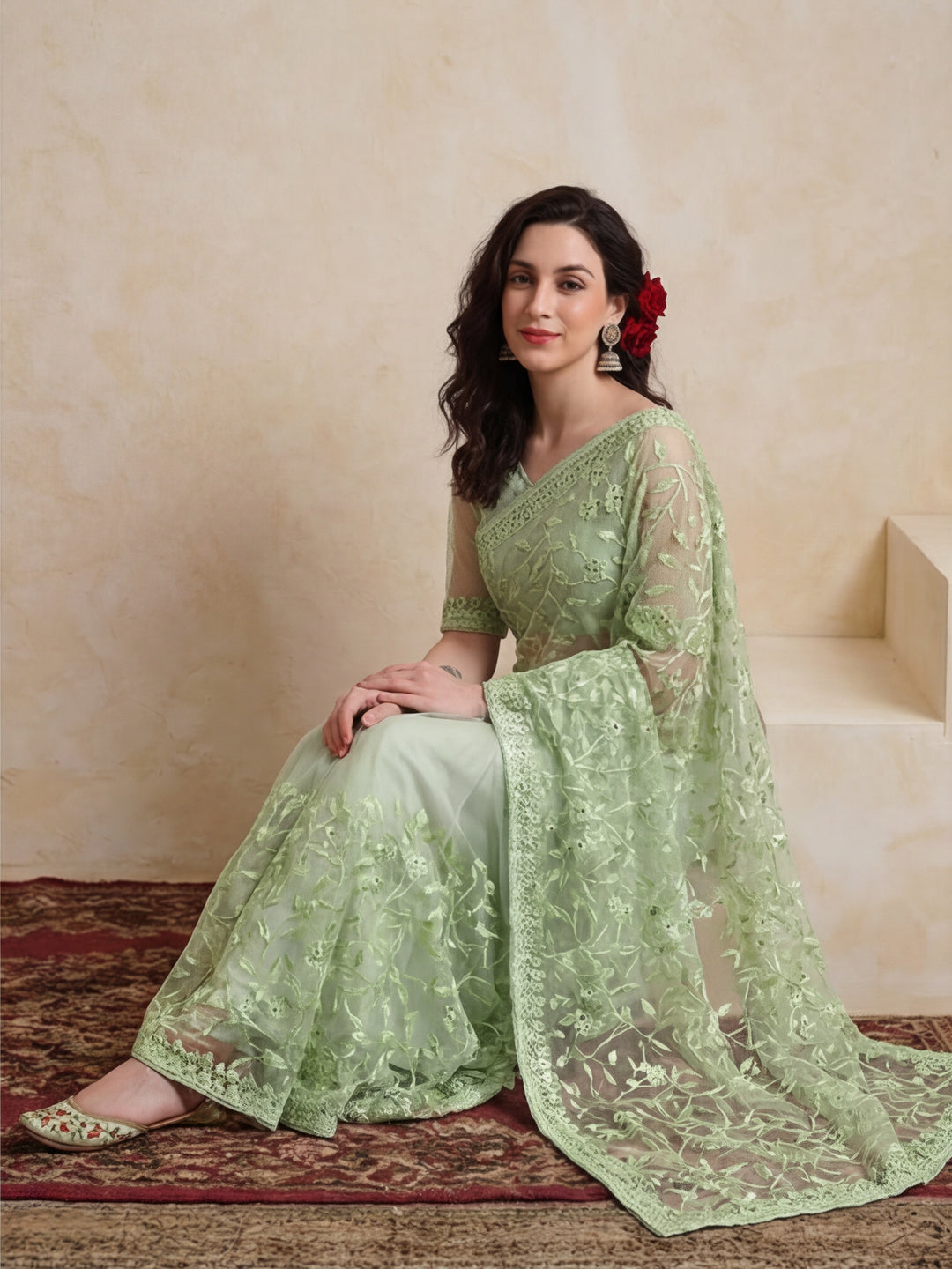 Party Wear Floral Embroidered Net Saree