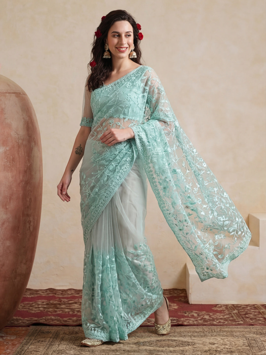 Party Wear Floral Embroidered Net Saree