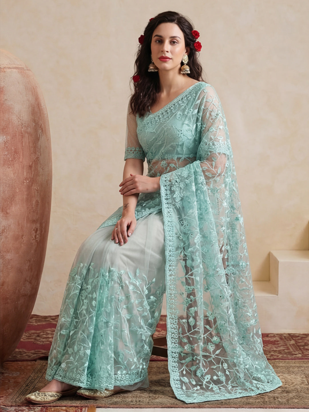Party Wear Floral Embroidered Net Saree