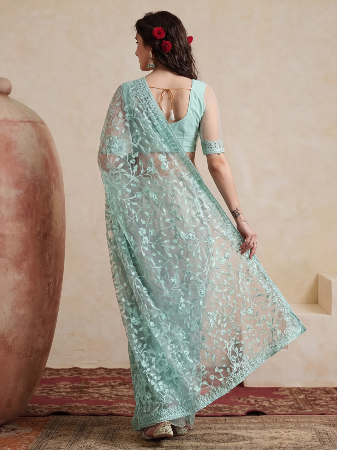 Party Wear Floral Embroidered Net Saree