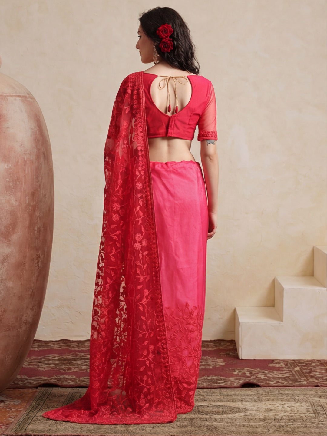 Party Wear Floral Embroidered Net Saree