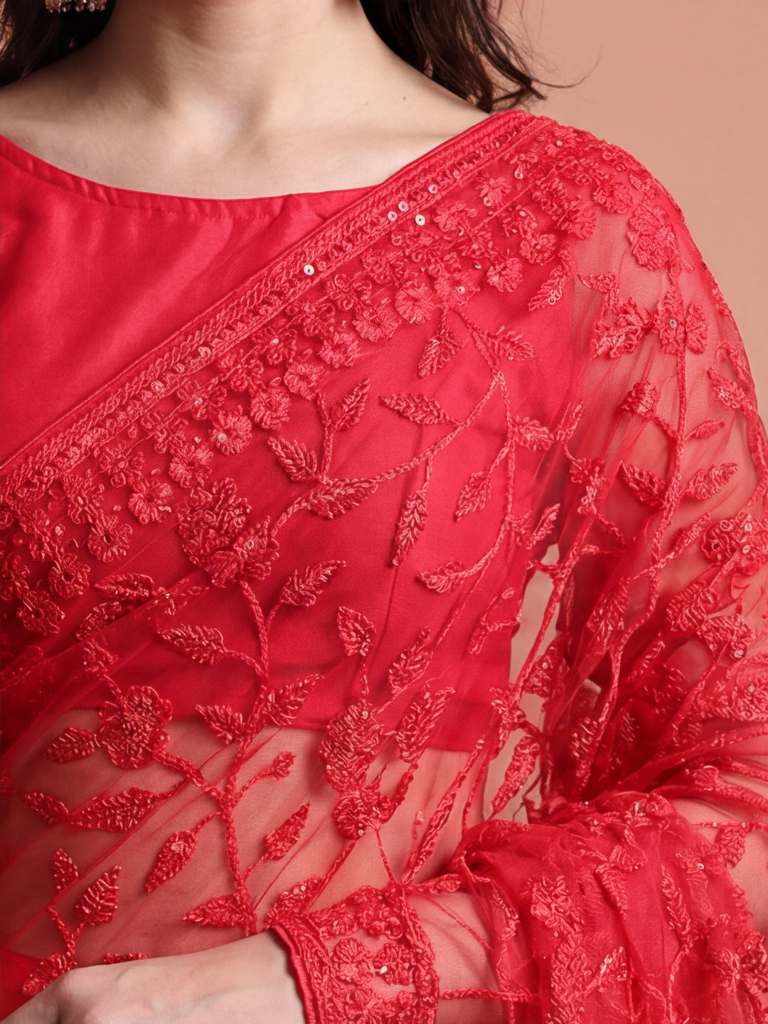 Party Wear Floral Embroidered Net Saree