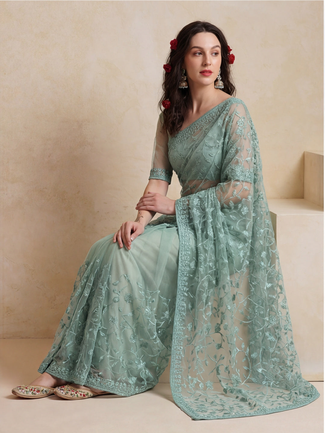 Party Wear Floral Embroidered Net Saree
