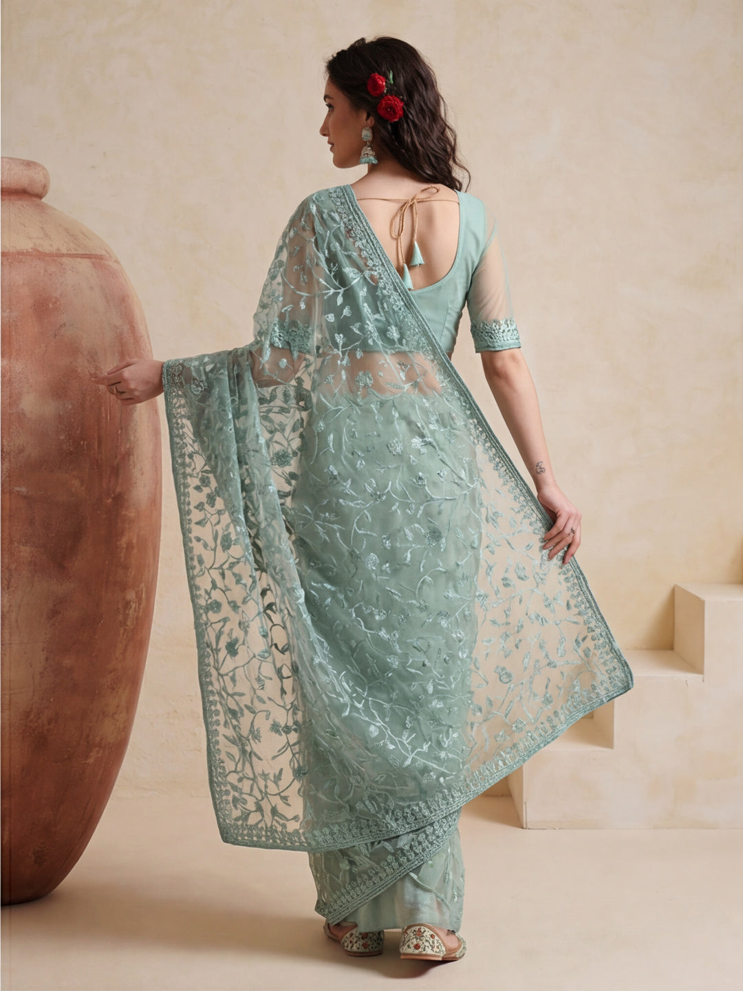 Party Wear Floral Embroidered Net Saree