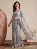 Party Wear Floral Embroidered Net Saree