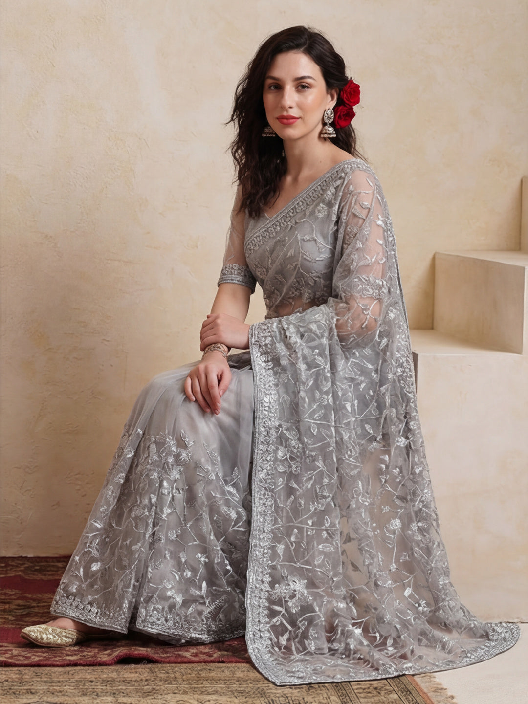 Party Wear Floral Embroidered Net Saree