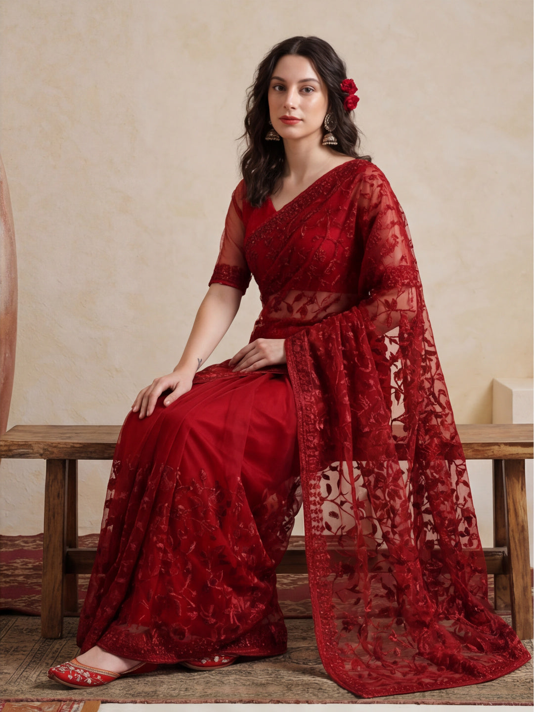 Party Wear Floral Embroidered Net Saree