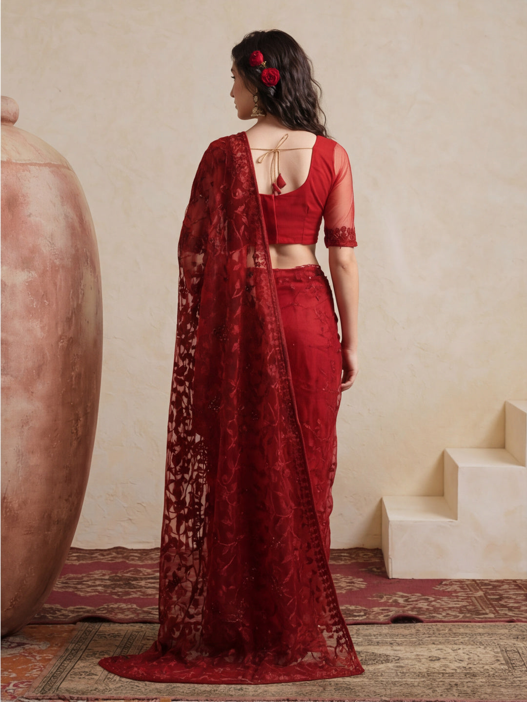Party Wear Floral Embroidered Net Saree
