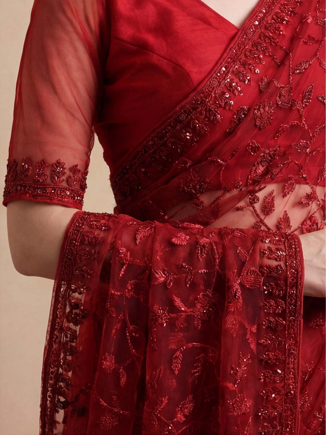 Party Wear Floral Embroidered Net Saree