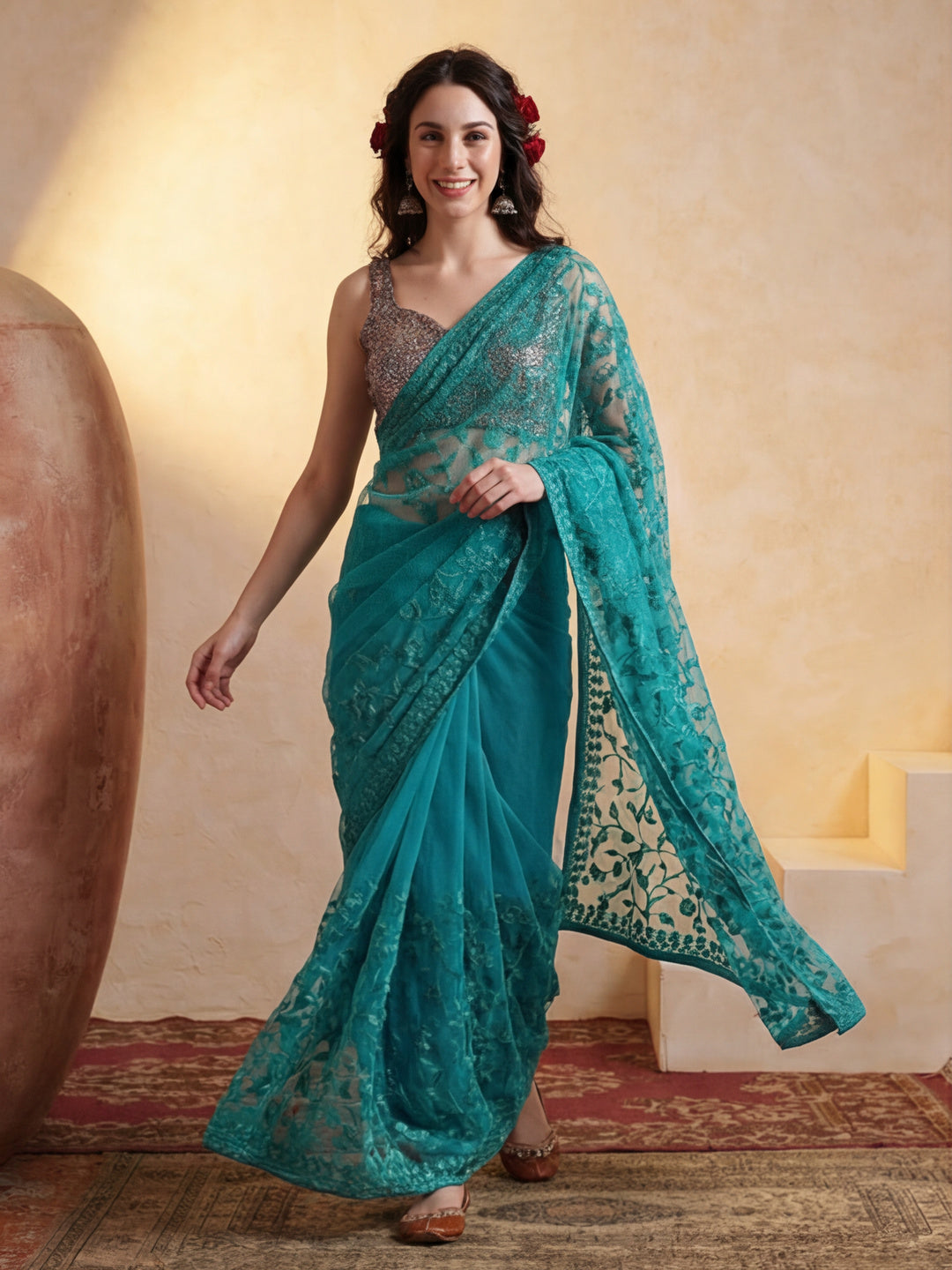 Party Wear Floral Embroidered Net Saree