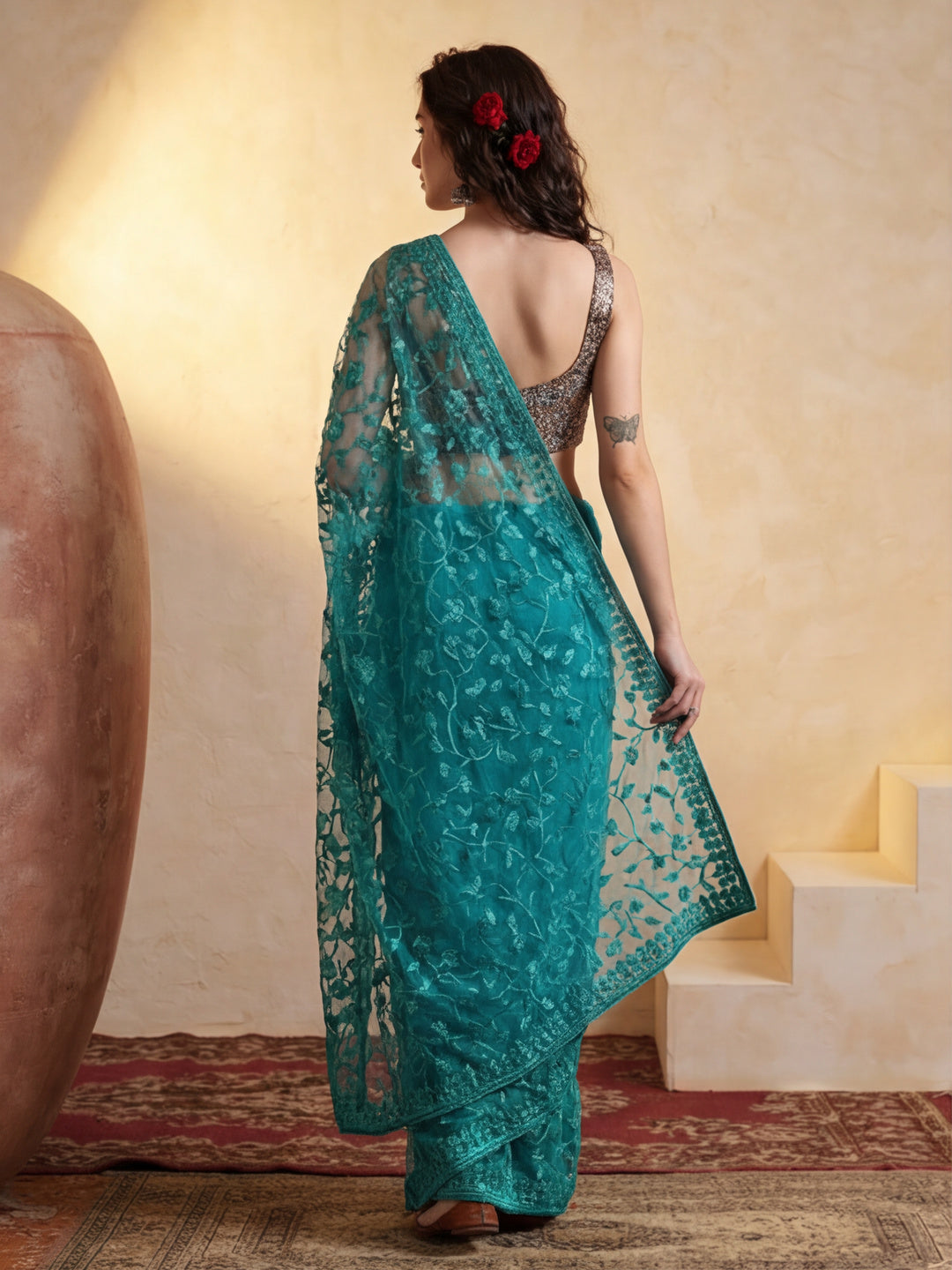Party Wear Floral Embroidered Net Saree