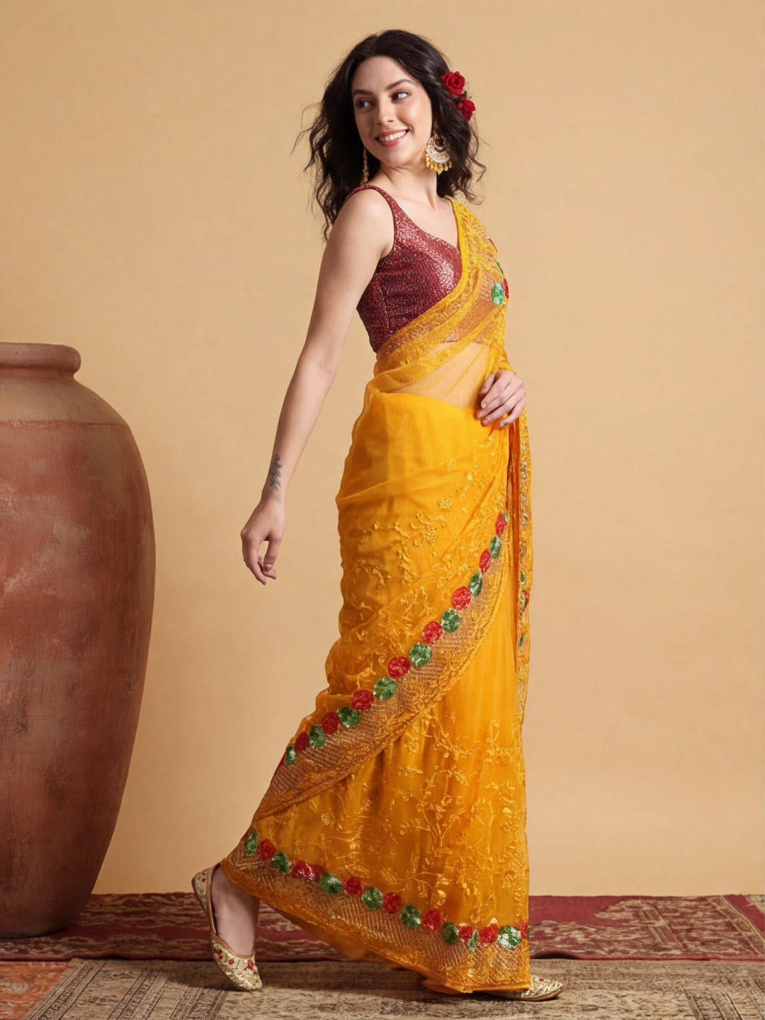 Party Wear Floral Embroidered Net Saree