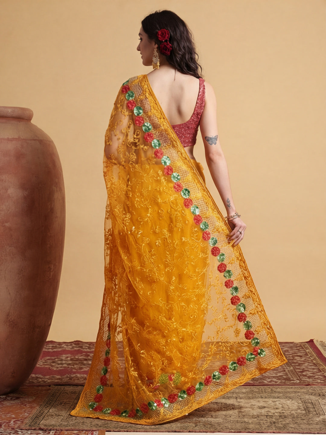 Party Wear Floral Embroidered Net Saree
