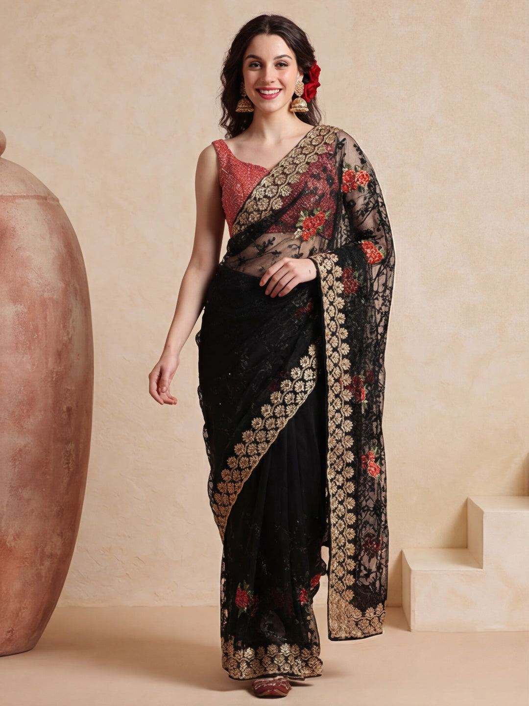 Floral Embroidered Net Party Wear Saree