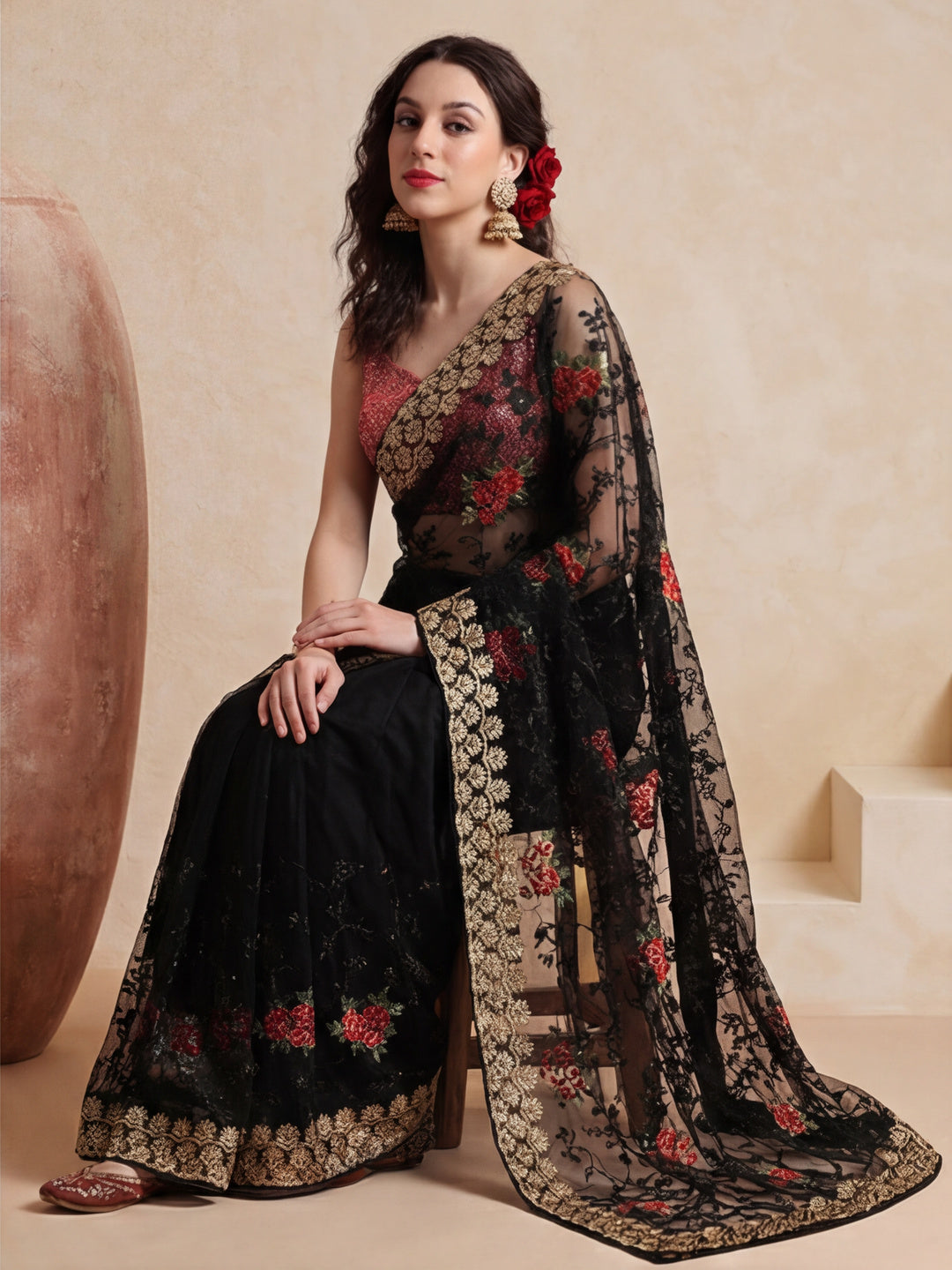 Floral Embroidered Net Party Wear Saree