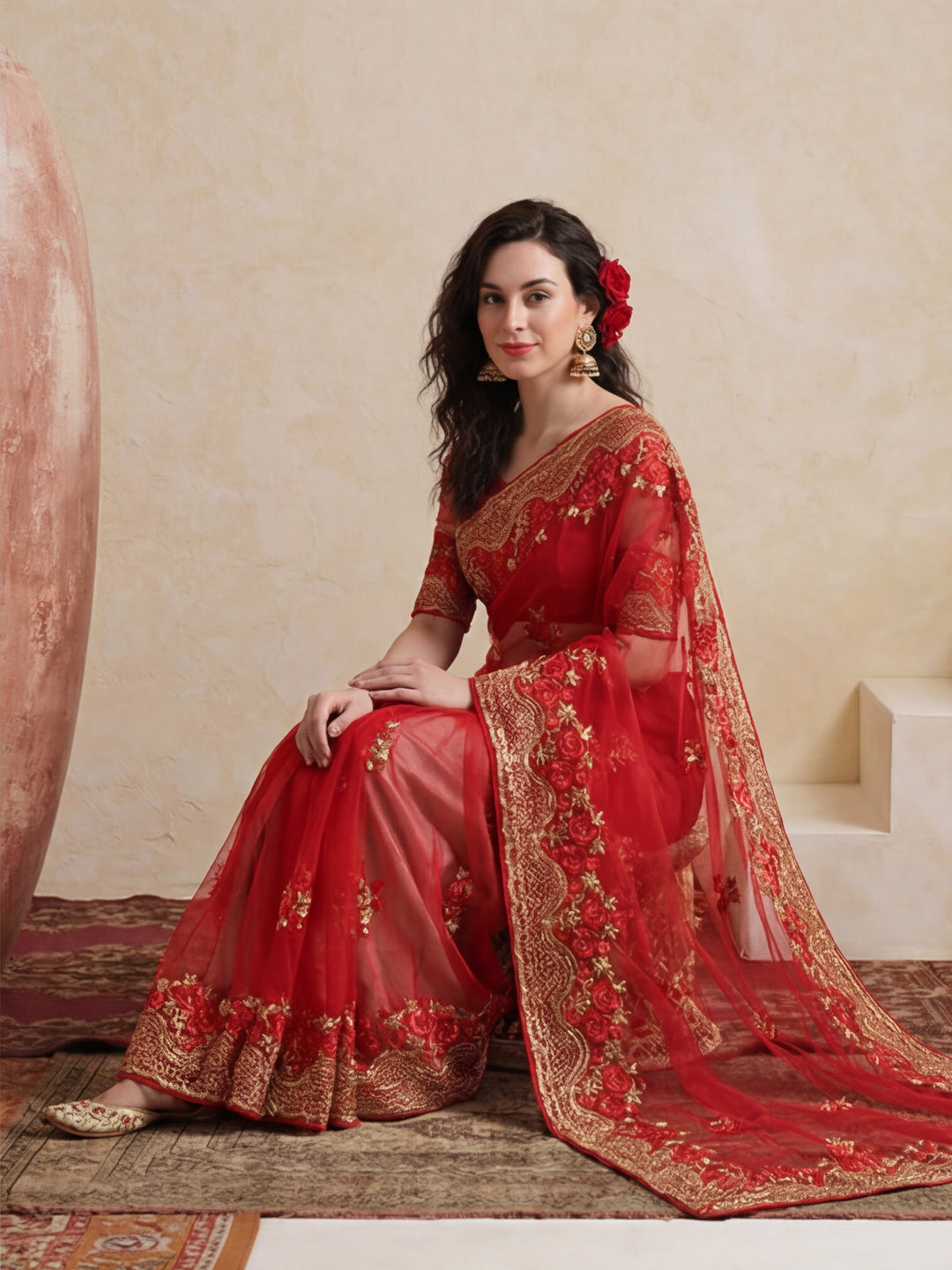 Floral Embroidered Net Party Wear Red Saree