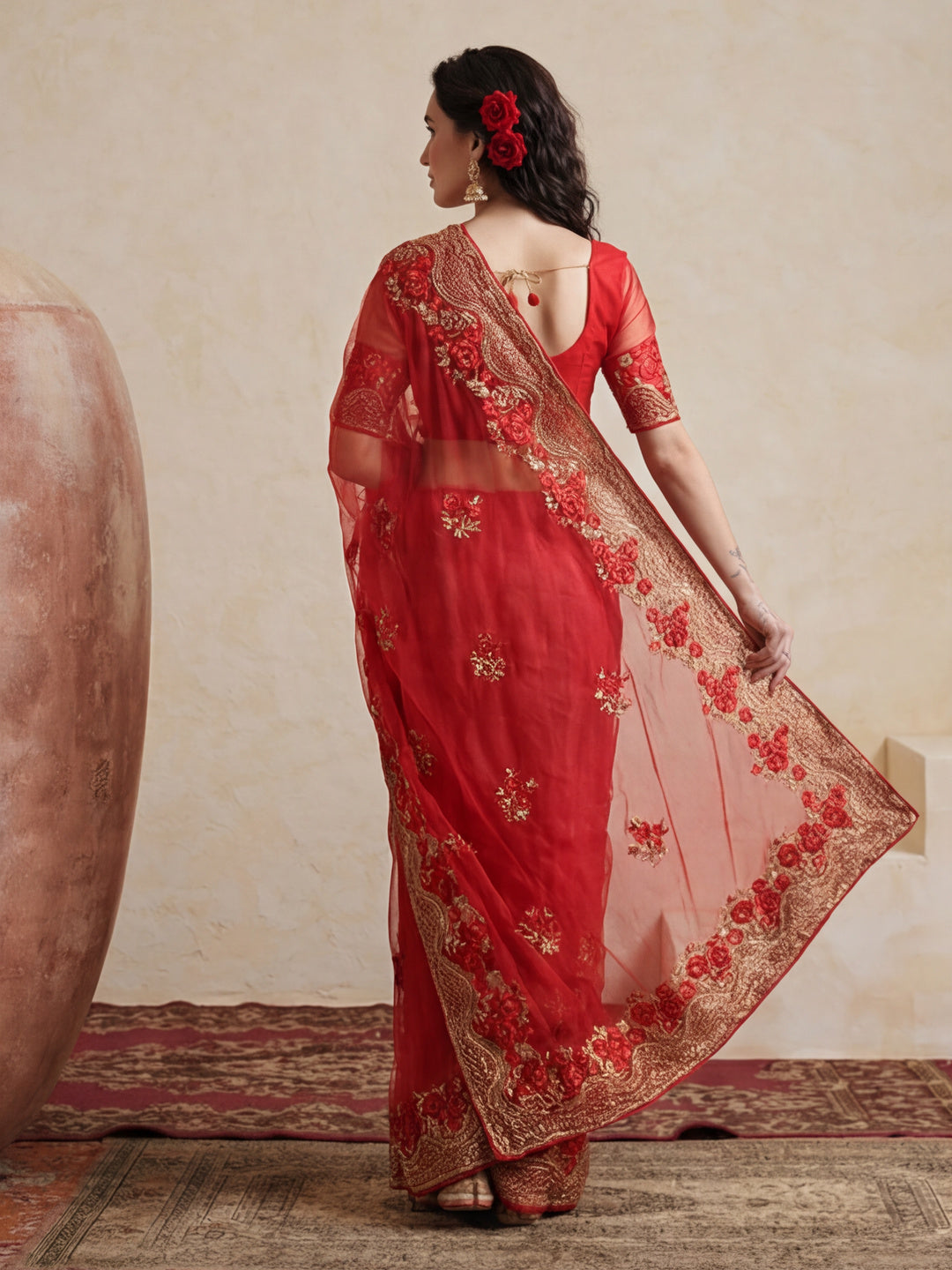 Floral Embroidered Net Party Wear Red Saree