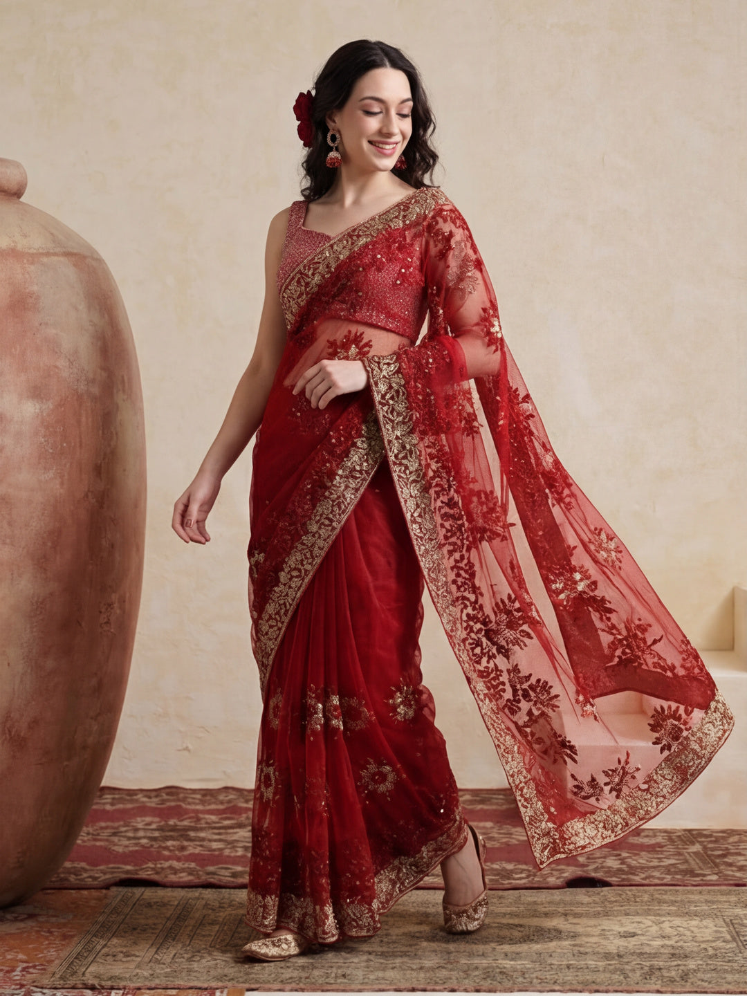 Floral Embroidered Net Party Wear Saree