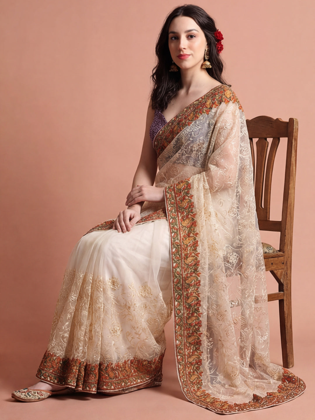Floral Embroidered Net Party Wear Saree
